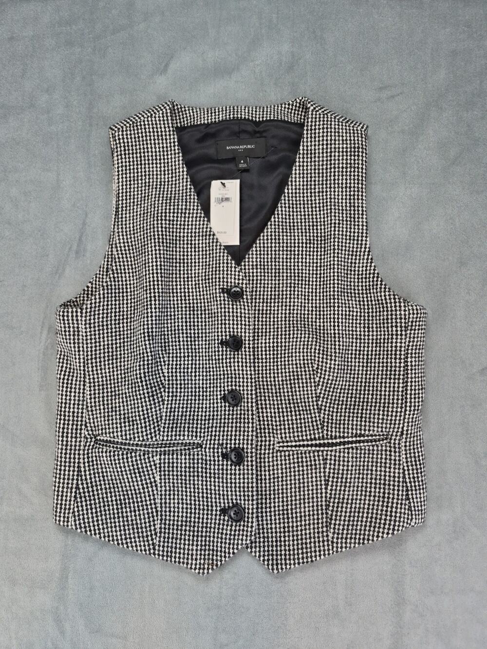 Banana Republic Preppy Houndstooth Wool Blend Black & White Waistcoat Vest 4